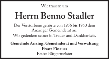 Traueranzeige von Benno Stadler von Süddeutsche Zeitung