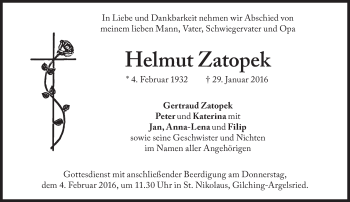 Traueranzeige von Helmut Zatopek von Süddeutsche Zeitung