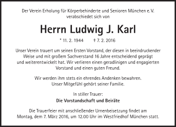 Traueranzeige von Ludwig J.  Karl von Süddeutsche Zeitung