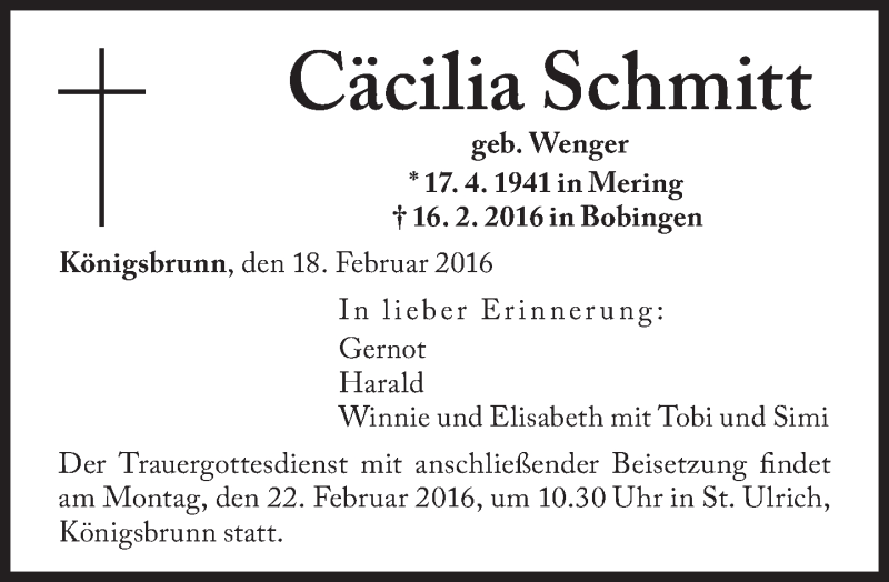  Traueranzeige für Cäcilia Schmitt vom 19.02.2016 aus Süddeutsche Zeitung