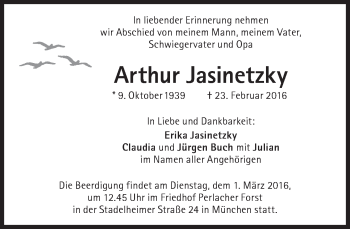 Traueranzeige von Arthur Jasinetzky von Süddeutsche Zeitung