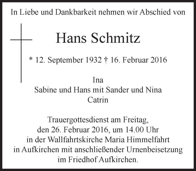  Traueranzeige für Hans Schmitz vom 23.02.2016 aus Süddeutsche Zeitung