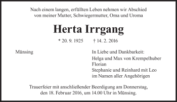 Traueranzeige von Herta Irrgang von Süddeutsche Zeitung