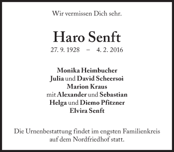 Traueranzeige von Haro Senft von Süddeutsche Zeitung