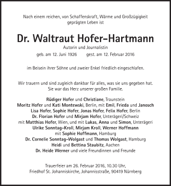 Traueranzeige von Waltraut Hofer-Hartmann von Süddeutsche Zeitung
