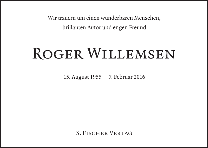  Traueranzeige für Roger Willemsen vom 11.02.2016 aus Süddeutsche Zeitung