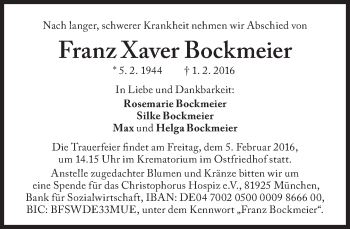 Traueranzeige von Franz Xaver Bockmeier von Süddeutsche Zeitung