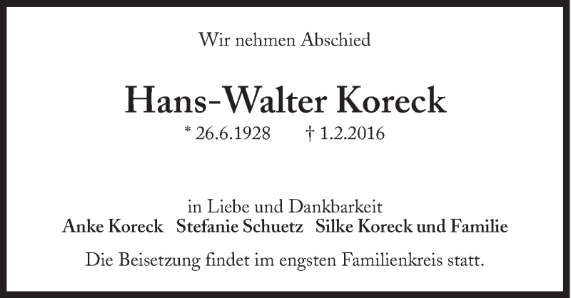  Traueranzeige für Hans-Walter Koreck vom 06.02.2016 aus Süddeutsche Zeitung