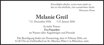 Traueranzeige von Melanie Greil von Süddeutsche Zeitung