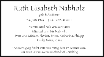 Traueranzeige von Ruth Elisabeth Nabholz von Süddeutsche Zeitung