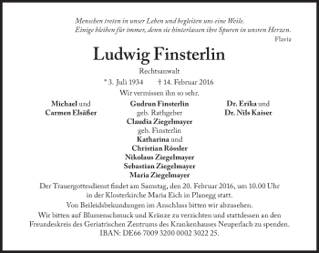 Traueranzeige von Ludwig Finsterlin von Süddeutsche Zeitung