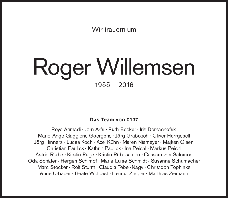 Traueranzeige für Roger Willemsen vom 20.02.2016 aus Süddeutsche Zeitung