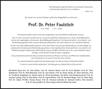 Traueranzeige von Peter Faulstich von Süddeutsche Zeitung