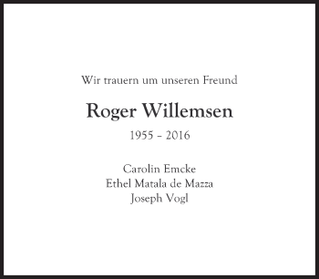 Traueranzeige von Roger Willemsen von Süddeutsche Zeitung