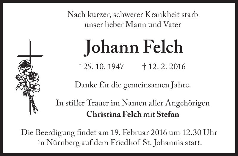  Traueranzeige für Johann Felch vom 19.02.2016 aus Süddeutsche Zeitung
