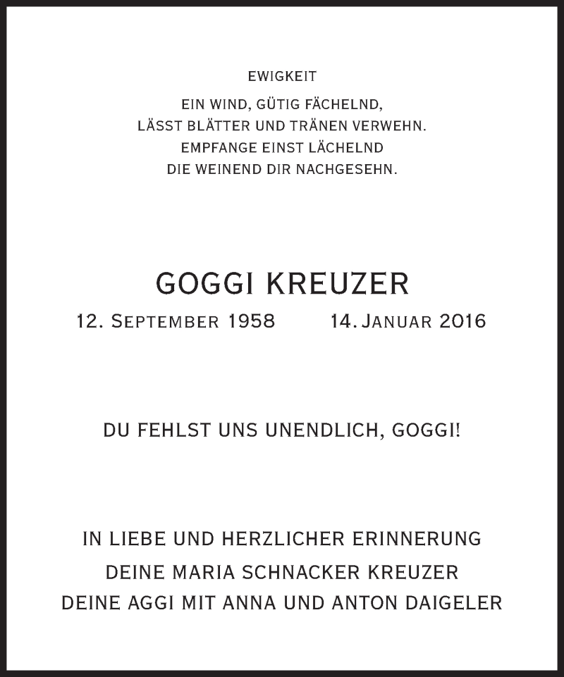  Traueranzeige für Goggi Kreuzer vom 27.02.2016 aus Süddeutsche Zeitung