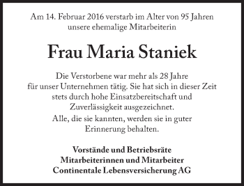 Traueranzeige von Maria Staniek von Süddeutsche Zeitung