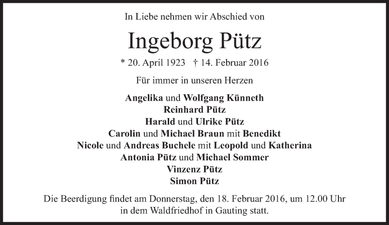  Traueranzeige für Ingeborg Pütz vom 17.02.2016 aus Süddeutsche Zeitung
