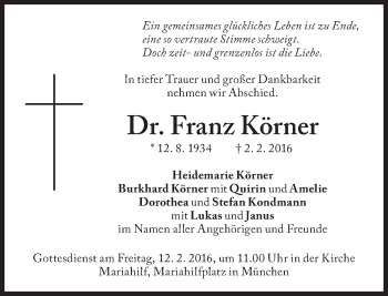 Traueranzeige von Franz Körner von Süddeutsche Zeitung