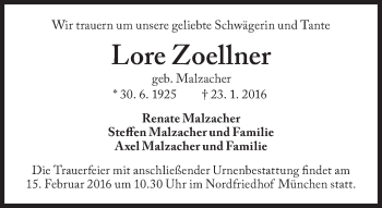 Traueranzeige von Lore Zoellner von Süddeutsche Zeitung