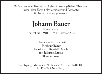 Traueranzeige von Johann Bauer von Süddeutsche Zeitung