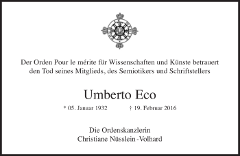 Traueranzeige von Umberto Eco von Süddeutsche Zeitung