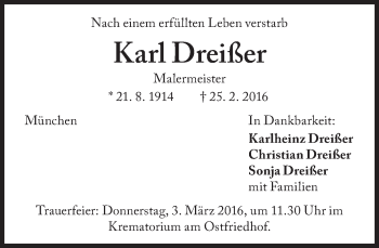 Traueranzeige von Karl Dreißer von Süddeutsche Zeitung