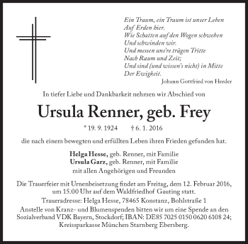 Traueranzeige von Ursula Renner von Süddeutsche Zeitung