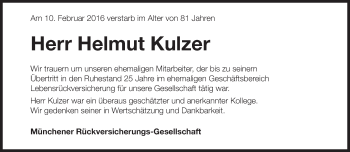 Traueranzeige von Helmut Kulzer von Süddeutsche Zeitung
