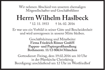Traueranzeige von Wilhelm Haslbeck von Süddeutsche Zeitung
