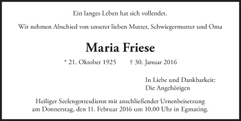 Traueranzeige von Maria Friese von Süddeutsche Zeitung