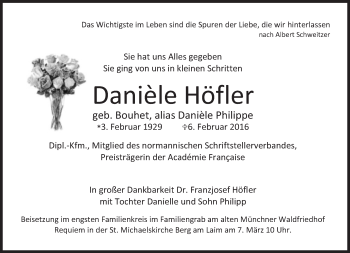 Traueranzeige von Daniéle Höfler von Süddeutsche Zeitung