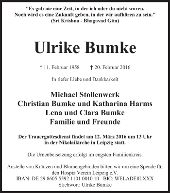 Traueranzeige von Ulrike Bumke von Süddeutsche Zeitung