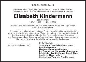 Traueranzeige von Elisabeth Kindermann von Süddeutsche Zeitung