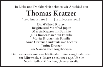 Traueranzeige von Thomas Kratzer von Süddeutsche Zeitung