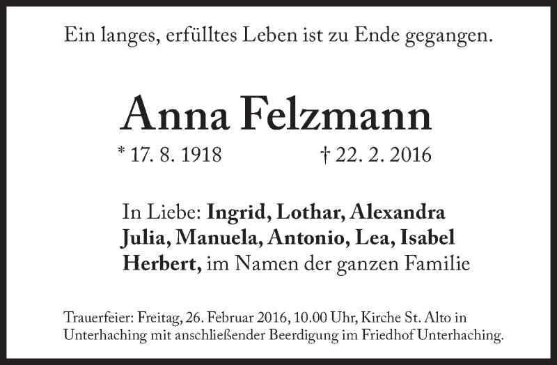  Traueranzeige für Anna Felzmann vom 25.02.2016 aus Süddeutsche Zeitung