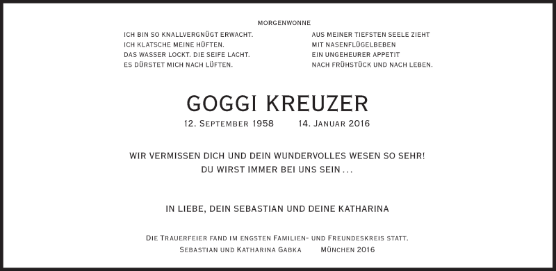  Traueranzeige für Goggi Kreuzer vom 27.02.2016 aus Süddeutsche Zeitung