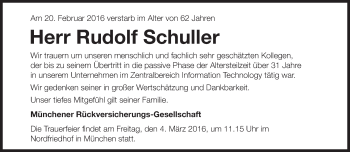 Traueranzeige von Rudolf Schuller von Süddeutsche Zeitung