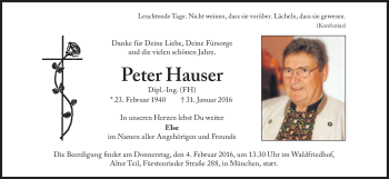 Traueranzeige von Peter Hauser von Süddeutsche Zeitung
