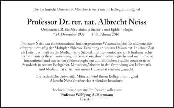 Traueranzeige von Prof. Dr. Dr. Albrecht Neiss von Süddeutsche Zeitung