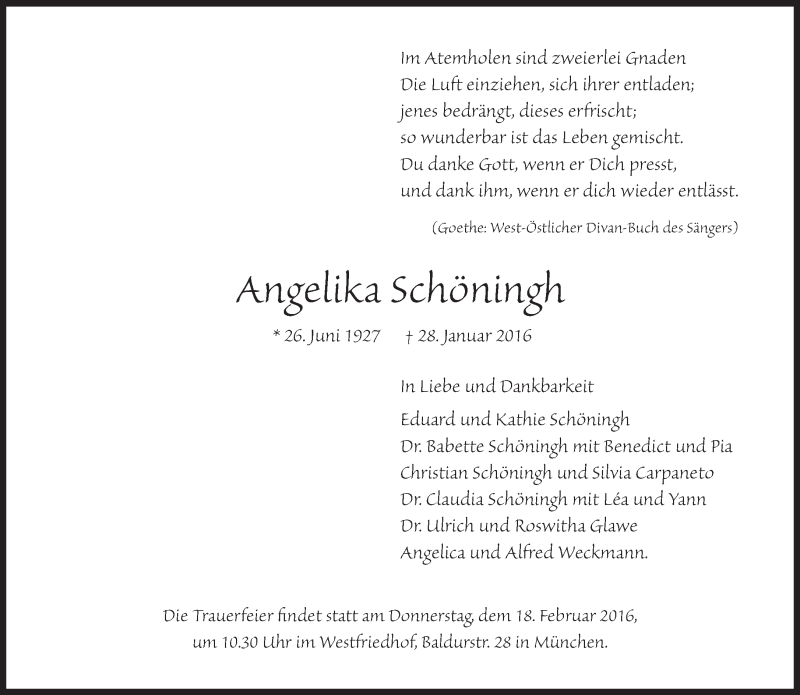  Traueranzeige für Angelika Schöningh vom 06.02.2016 aus Süddeutsche Zeitung