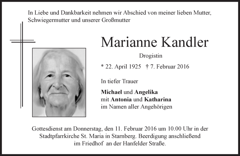  Traueranzeige für Marianne Kandler vom 09.02.2016 aus Süddeutsche Zeitung