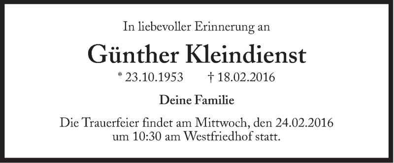  Traueranzeige für Günther Kleindienst vom 23.02.2016 aus Süddeutsche Zeitung