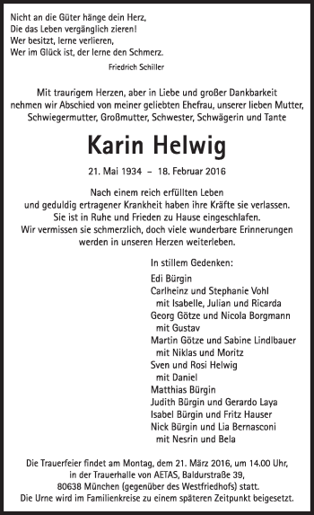 Traueranzeige von Karin Helwig von Süddeutsche Zeitung