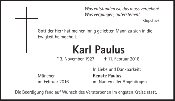 Traueranzeige von Karl Paulus von Süddeutsche Zeitung
