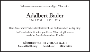 Traueranzeige von Adalbert Bader von Süddeutsche Zeitung
