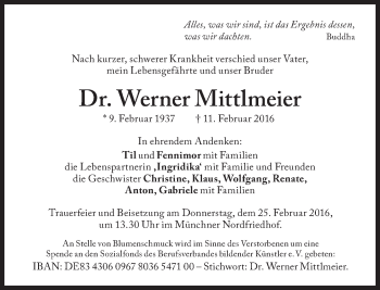 Traueranzeige von Werner Mittlmeier von Süddeutsche Zeitung