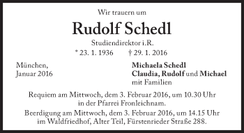 Traueranzeige von Rudolf Schedl von Süddeutsche Zeitung