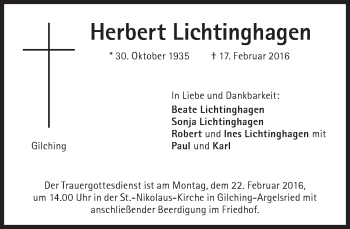 Traueranzeige von Herbert Lichtinghagen von Süddeutsche Zeitung