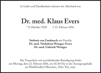 Traueranzeige von Dr. med. Klaus Evers von Süddeutsche Zeitung